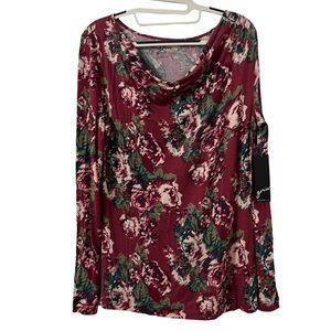 GNW Womens Dark Florals Drapey Cowl Neck Top Small Burgundy Casual Modern NWT